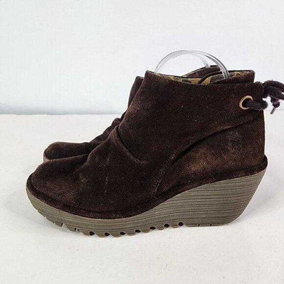 FLY London Yebi Espresso Suede Ruched Ankle Boots with Tie EU 40 US 10 Wedge - Picture 8 of 15